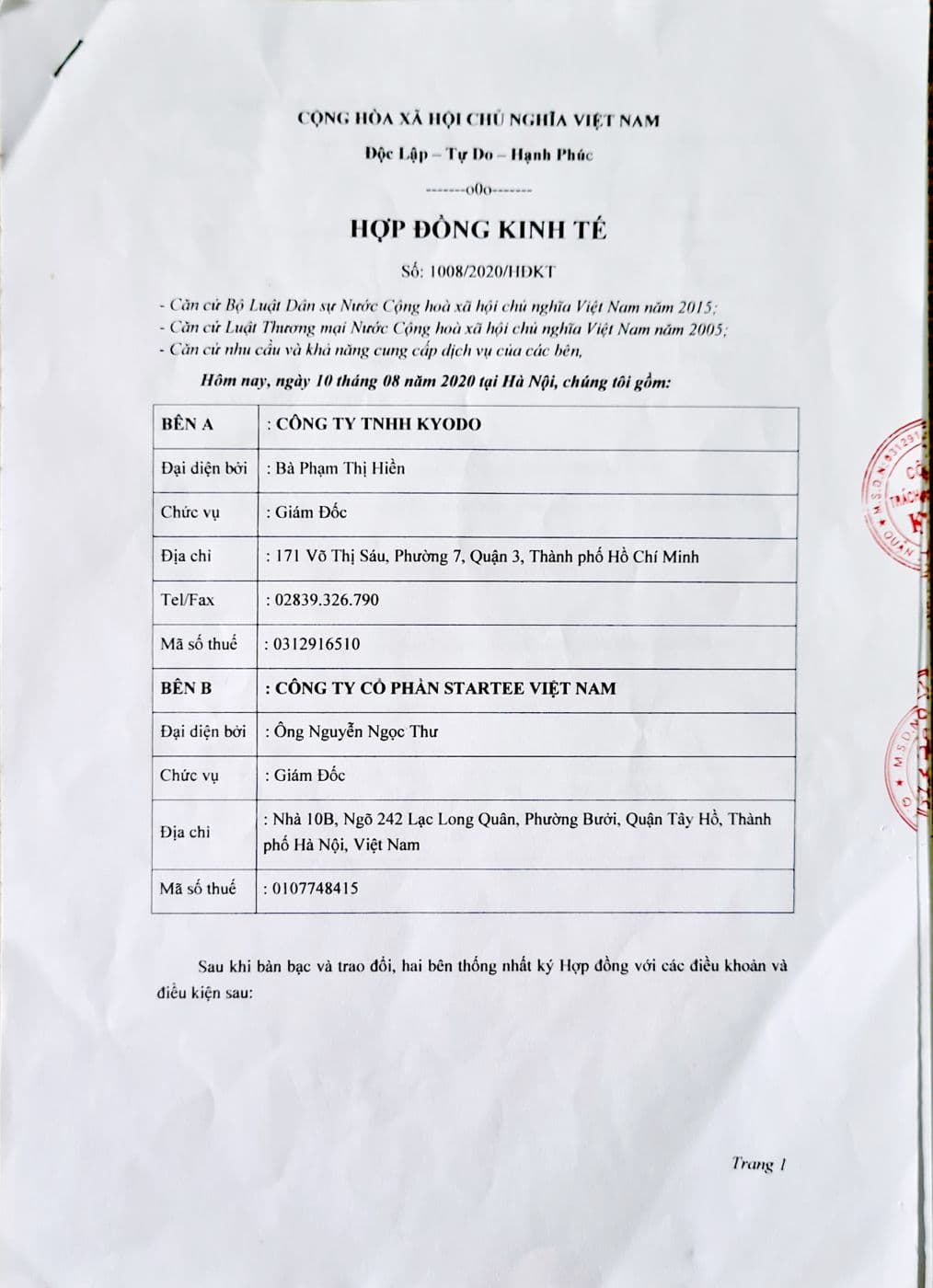 Hợp đồng cung cấp đồng phục Công ty TNHH Kyodo — Startee
