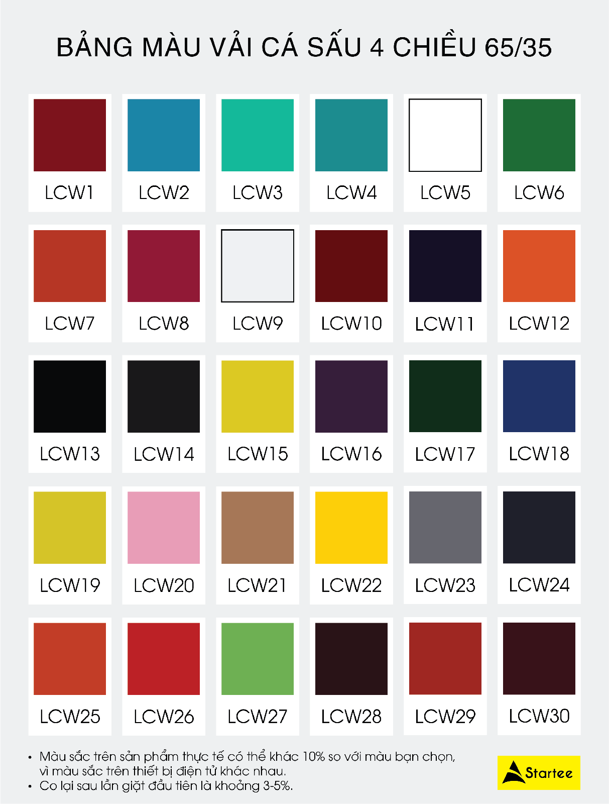 Startee 4-way 65/35 polyester-cotton pique fabric color chart