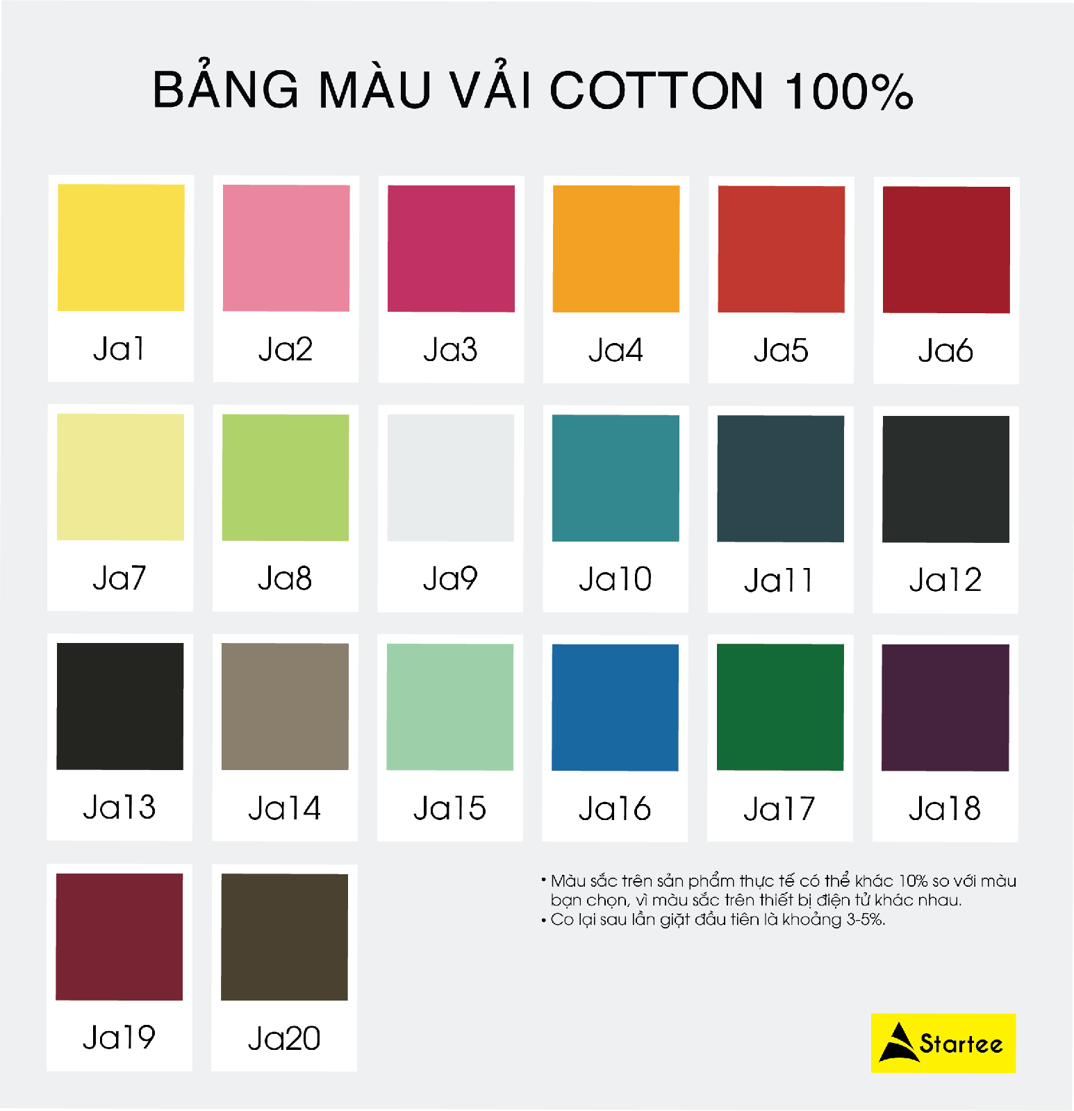 Startee 100% cotton fabric color chart with a note that real colors may differ by about 10% from the screen
