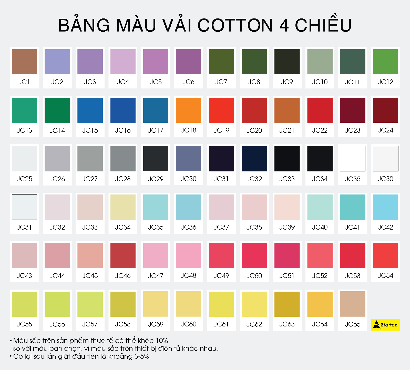 Bảng màu vải cotton 4 chiều tại Startee