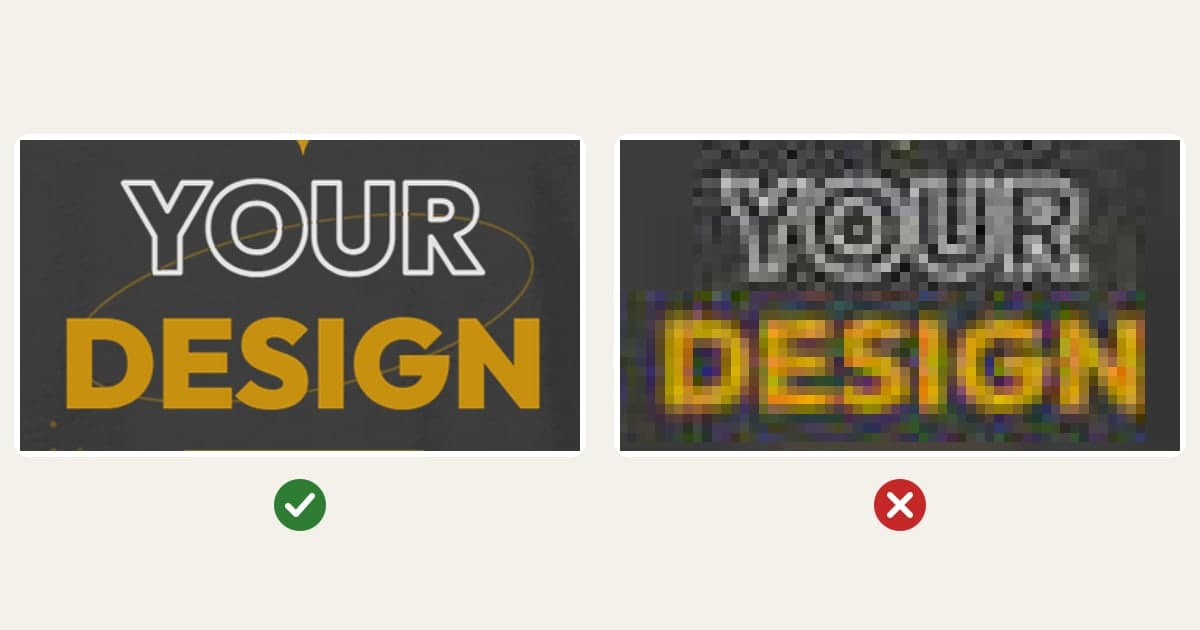 The same shirt design side by side: sharp at full resolution on the left, pixelated and jagged from an enlarged small image on the right