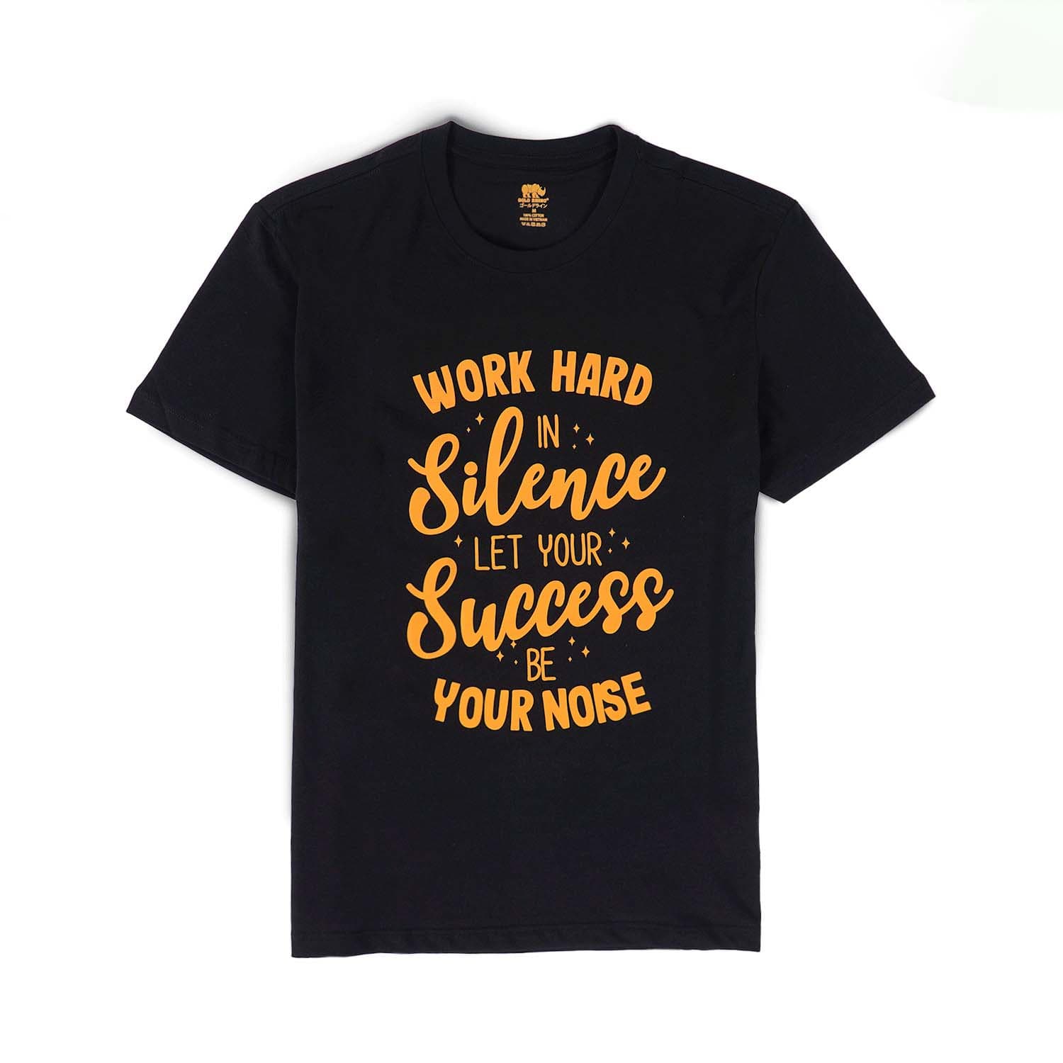 Single-color heat-transfer vinyl lettering on a black tee at Startee