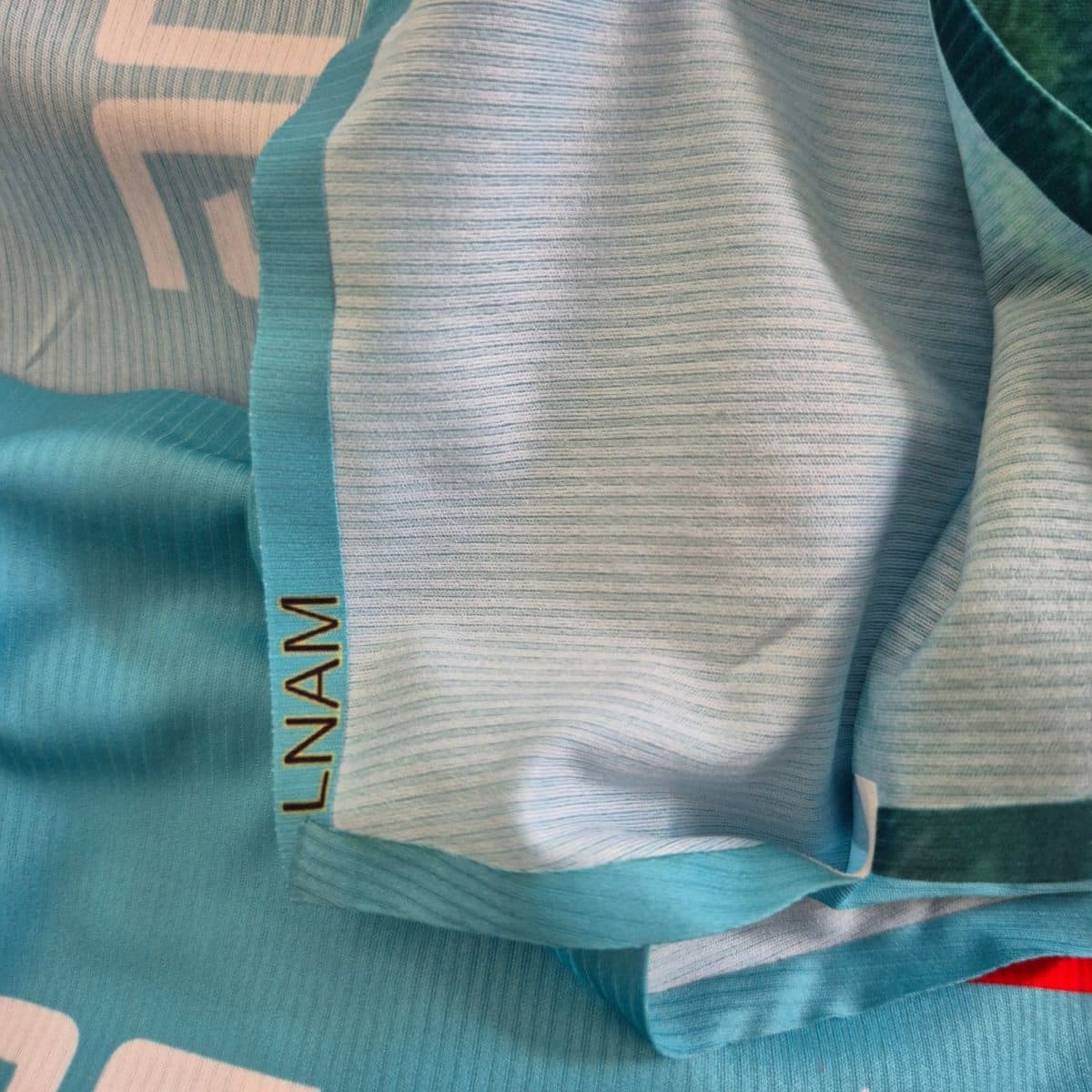Inside of a 3D sports jersey in sublimation-printed polyester bird’s-eye fabric